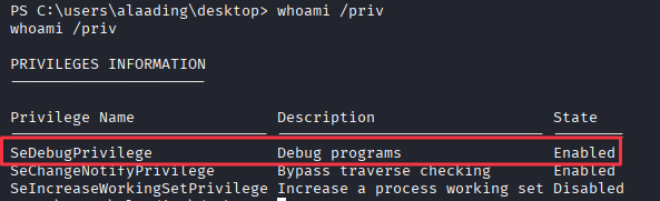 whoami /priv output showing SeDebugPrivilege Enabled