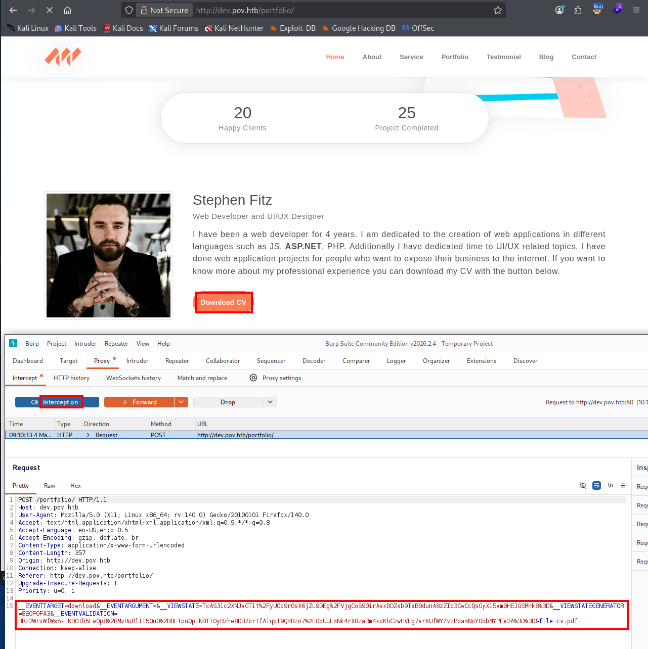 Burp Suite capturing the CV download POST request