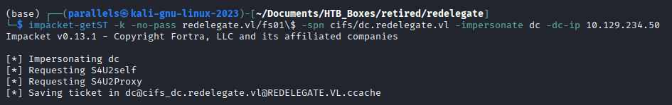 getST returning a service ticket impersonating the dc machine account