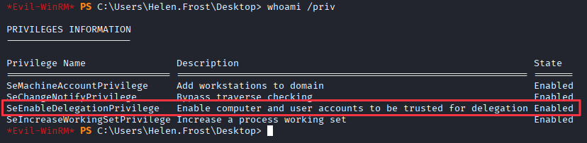 whoami /priv showing SeEnableDelegationPrivilege