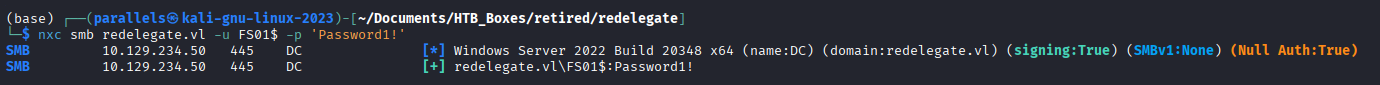 NXC confirming FS01$ credentials are valid