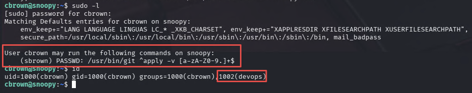 sudo -l and id output for cbrown showing devops group and git apply permission
