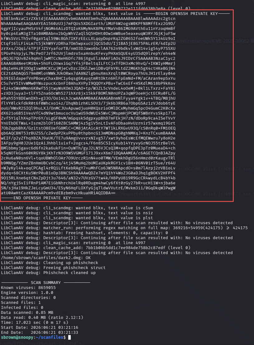 clamscan debug output leaking root's SSH private key via XXE