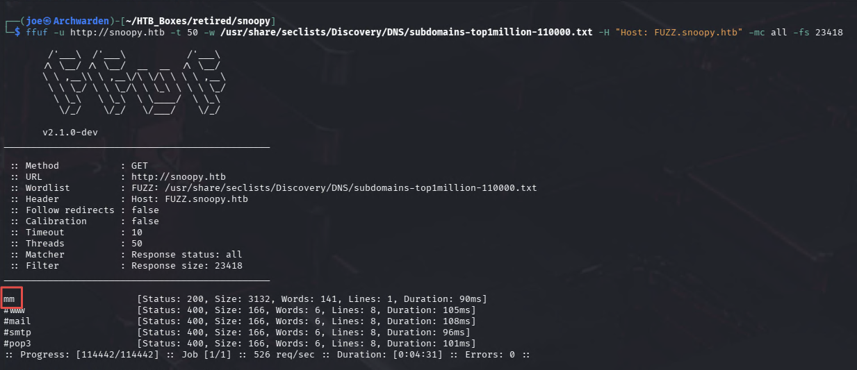 ffuf vhost fuzzing returning mm.snoopy.htb
