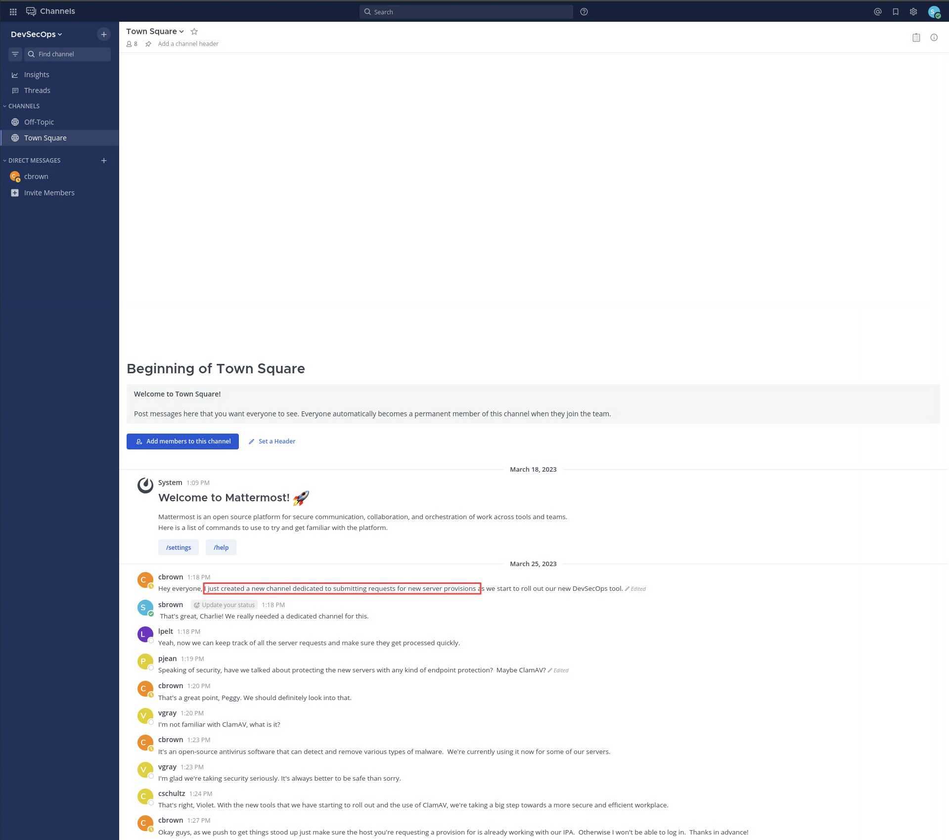 Mattermost dashboard after login as sbrown