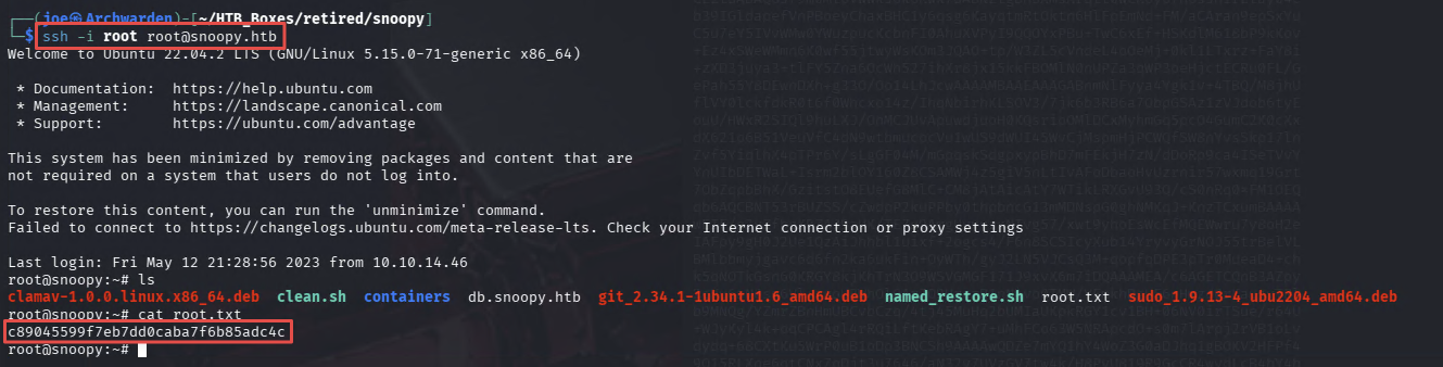 Root SSH session established, root flag captured