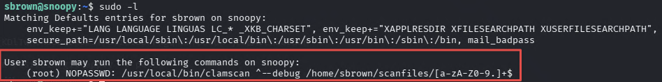 sudo -l as sbrown showing clamscan permission