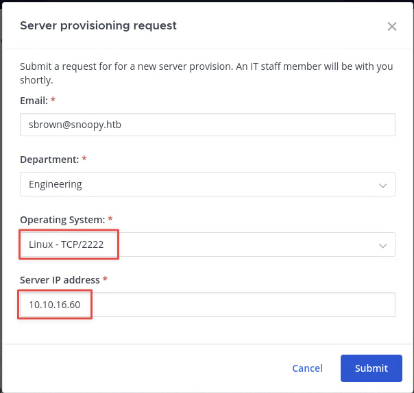 Server provisioning request form with attacker IP and port 2222