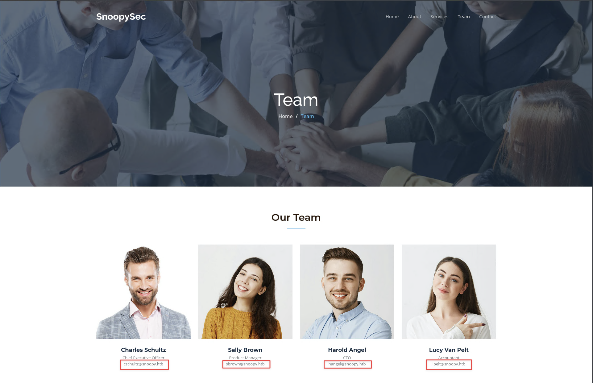 Team page listing employee email addresses