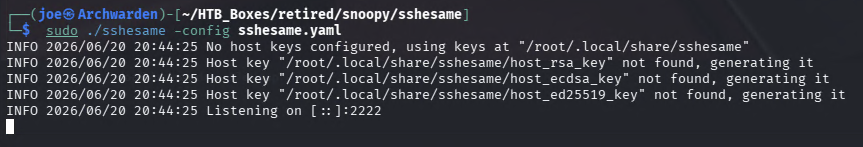 sshesame SSH honeypot running and listening on port 2222