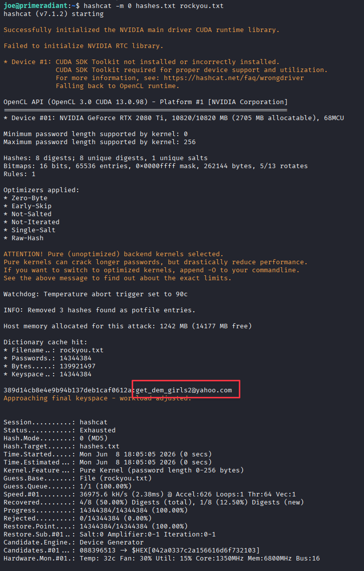 Hashcat cracking nikk37's hash returning get_dem_girls2@yahoo.com