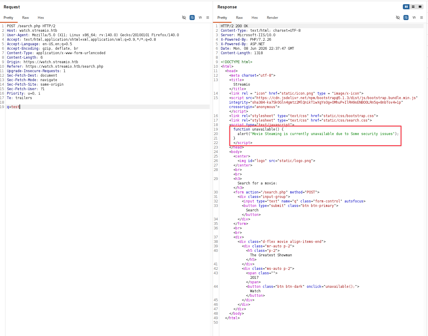Burp Suite showing the search POST request