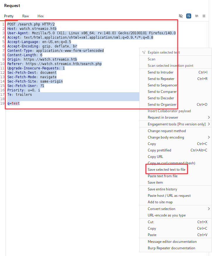 Request saved and ready for sqlmap