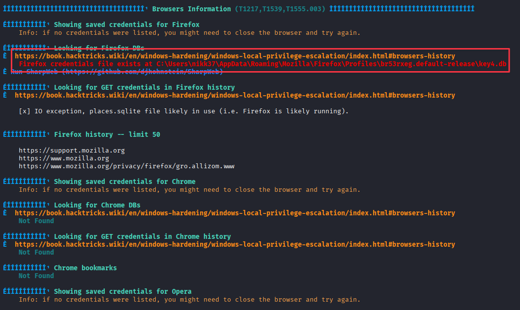 WinPEAS highlighting the Firefox key4.db path