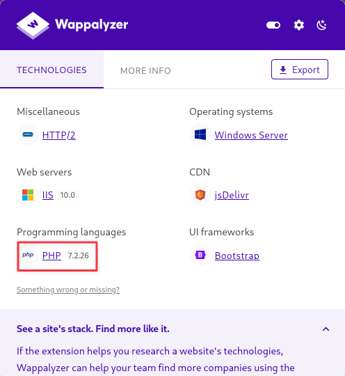 Wappalyzer showing PHP 7.2 on watch.streamio.htb
