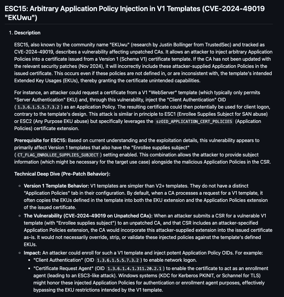 ESC15 description from certipy output confirming schema version 1 and policy injection