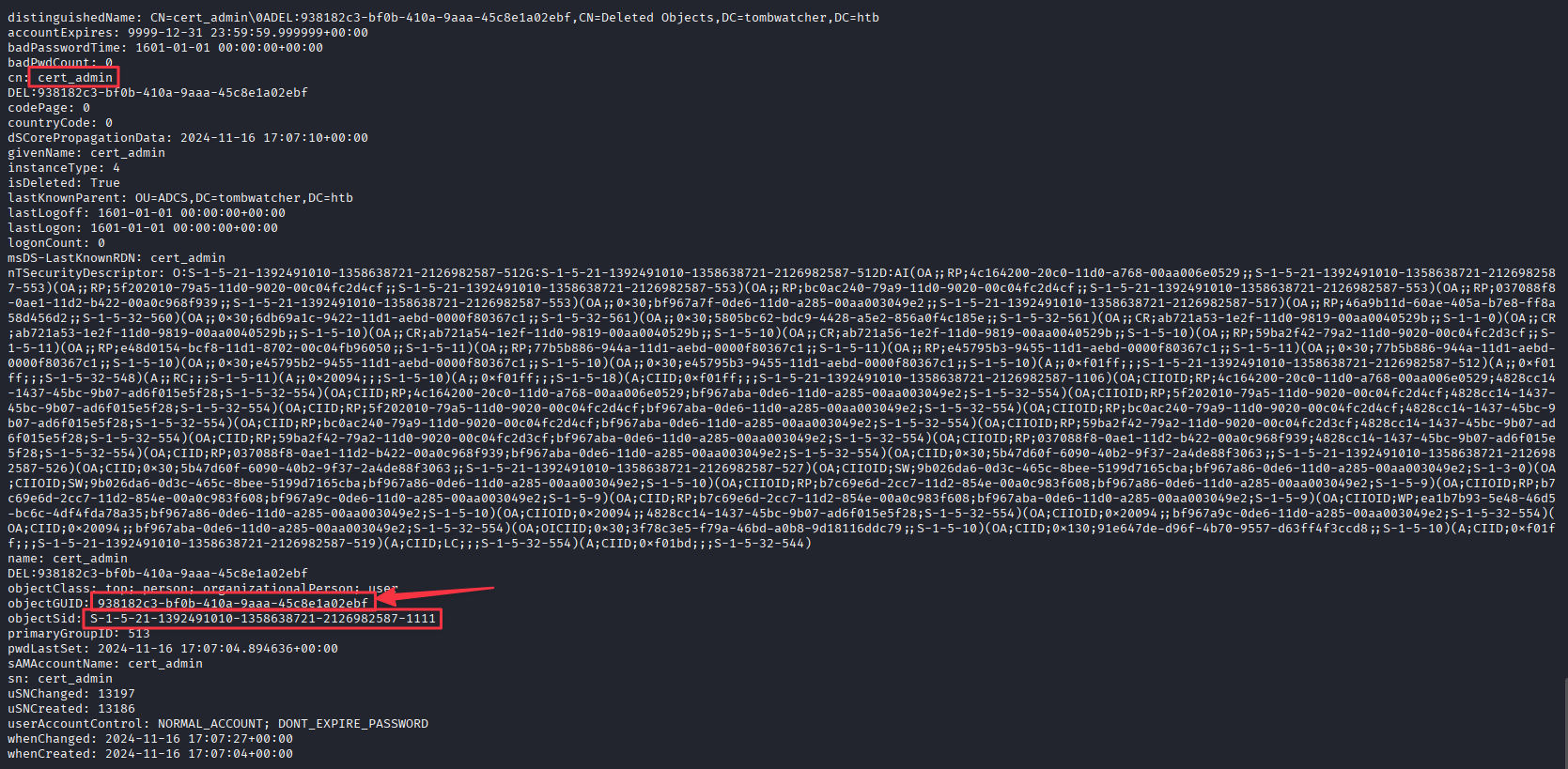 bloodyAD querying deleted objects from the attack box, showing cert_admin