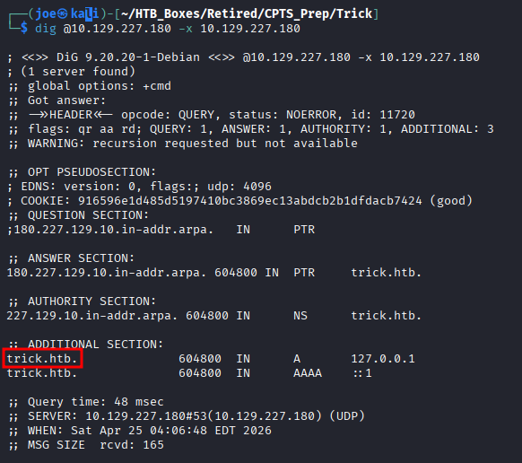 Reverse DNS lookup returning the domain trick.htb