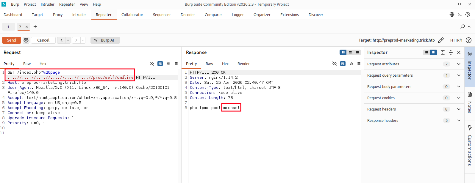 /proc/self/cmdline confirming PHP-FPM pool running as michael