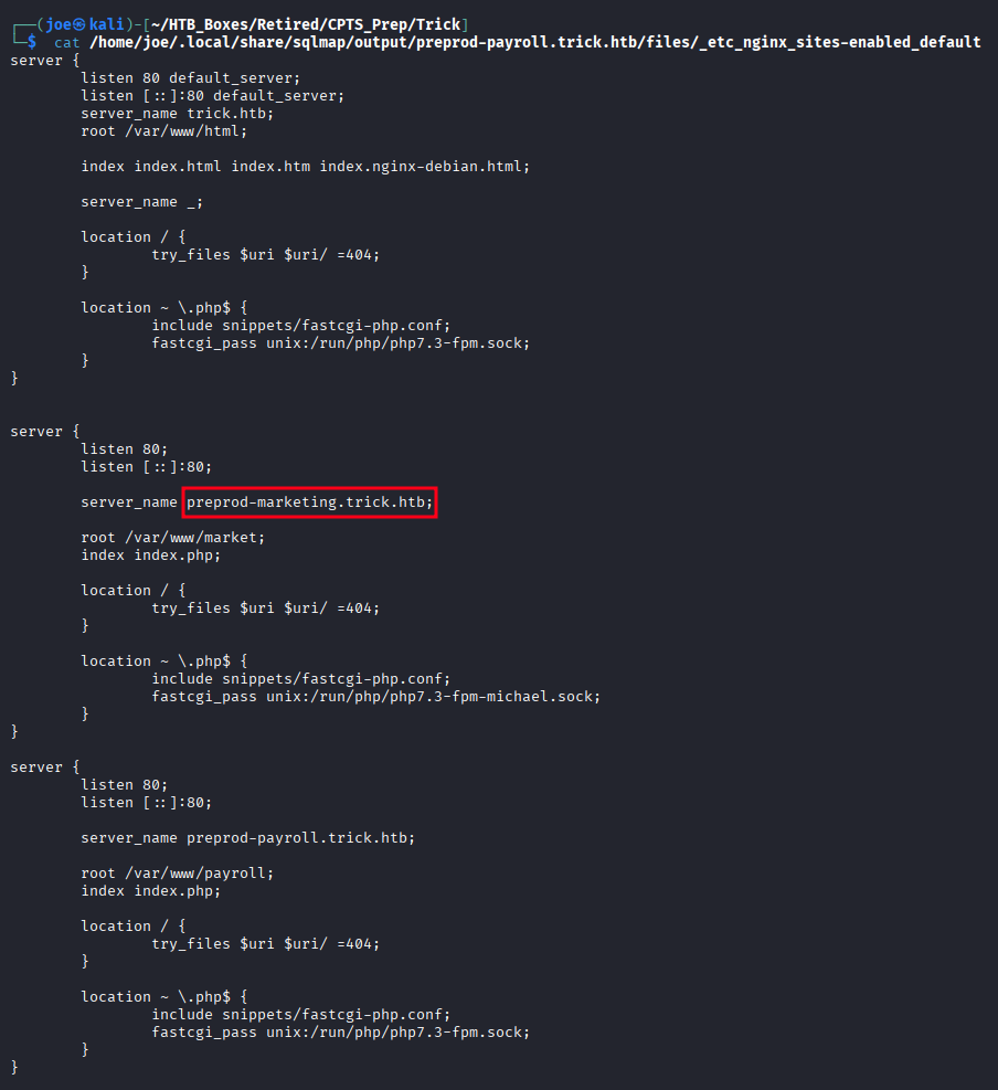 Nginx configuration file — second virtual host preprod-marketing.trick.htb revealed