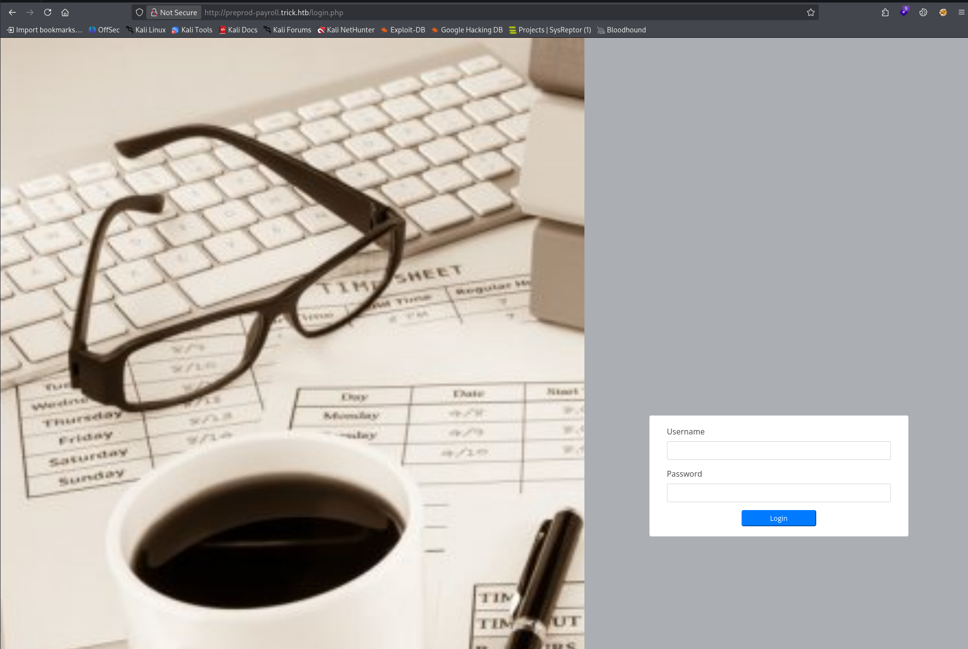 Payroll login portal at preprod-payroll.trick.htb