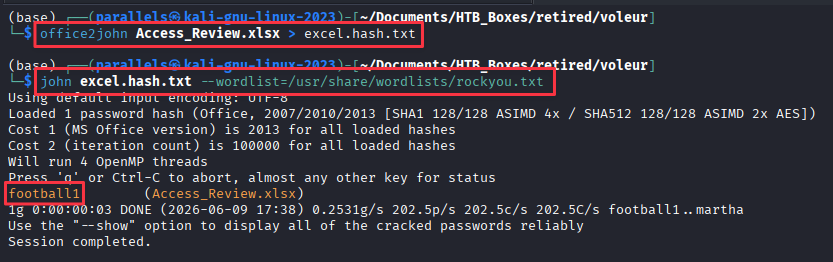 John cracking excel.hash.txt, returning football1