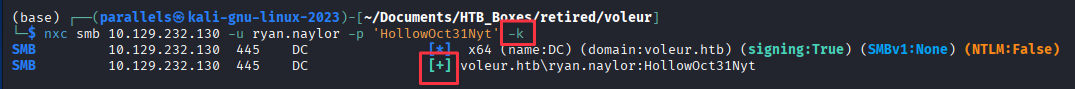NXC SMB with -k flag confirming ryan.naylor credentials valid
