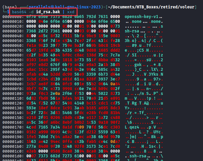 xxd output of the decoded id_rsa showing svc_backup@DC in the binary data