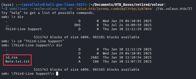 smbclient session as jeremy.combs showing Note.txt.txt and id_rsa