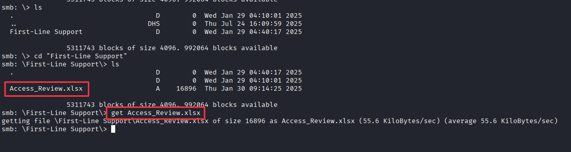 smbclient session open on IT share, First-Line Support folder visible
