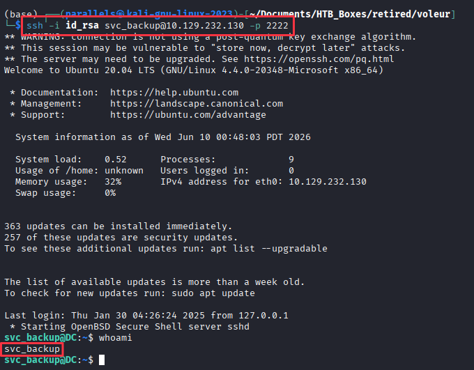 SSH session established as svc_backup inside WSL
