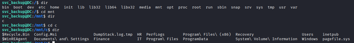 find output showing ntds.dit, ntds.jfm, SECURITY, and SYSTEM inside the backup path