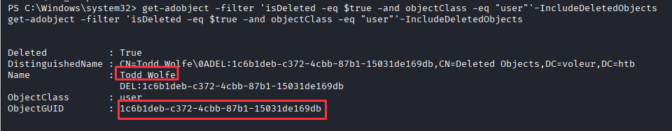 Get-ADObject showing todd.wolfe in the Recycle Bin with a recoverable GUID