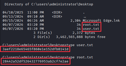 User and root flags collected from administrator session